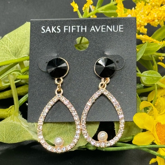 Saks Fifth Ave Black Crystal Post With Drop teardrop Pave Crystal Earrings - Picture 1 of 5